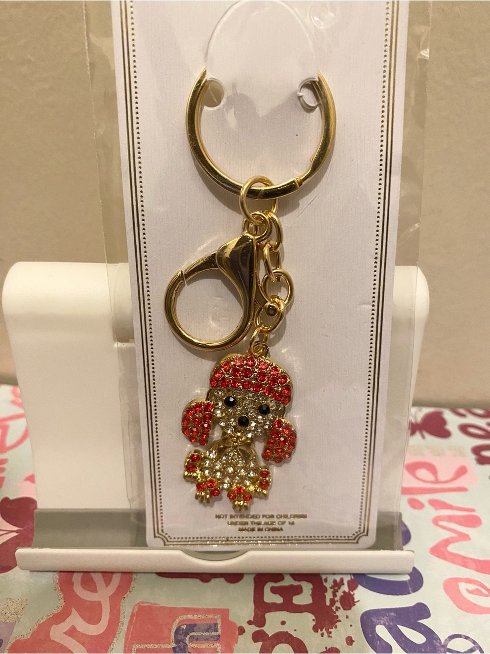 Gold-tone Poodle Keychain Bag Charm with Red and Clear Rhinestones